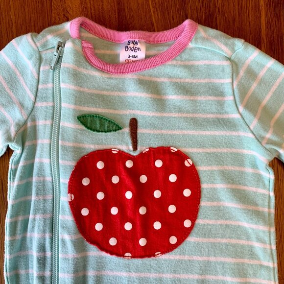 BABY BODEN Striped Apple Onesie Girls 3-6M Green Infant Cotton Applique Romper - Picture 3 of 7
